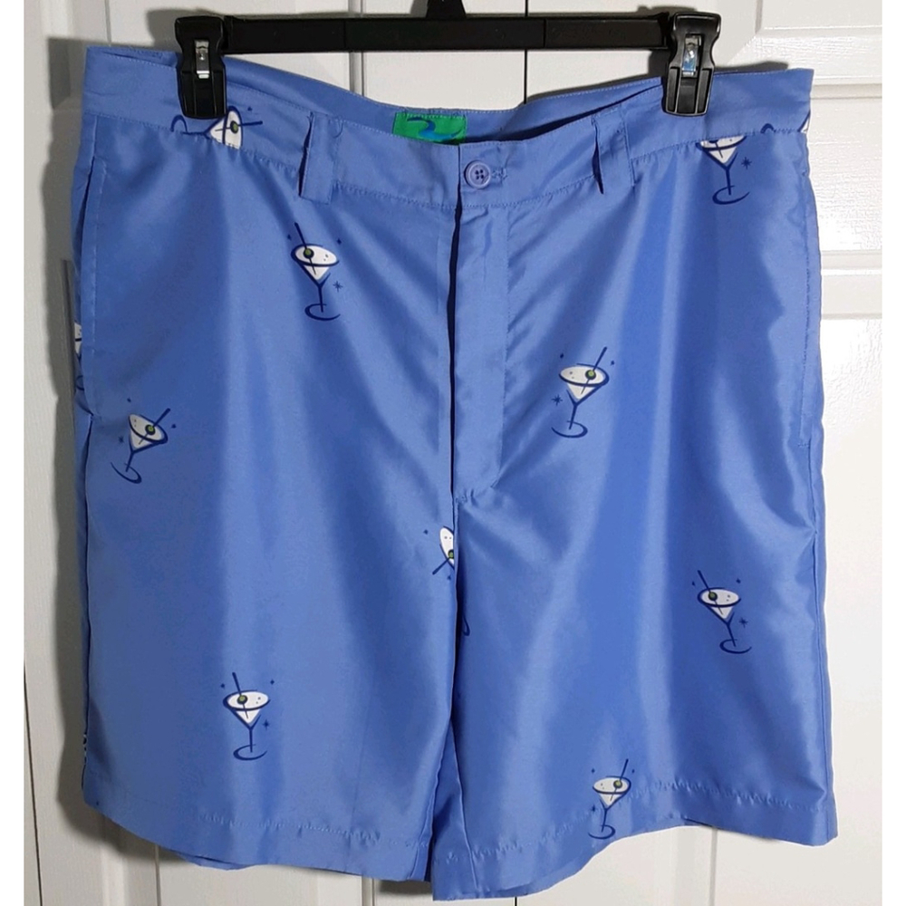 LIQUID FLOW SHORTS MEN'S SZ 38 CLASSIC 8" BLUE MARTINI GLASS DESIGN 100% POLY